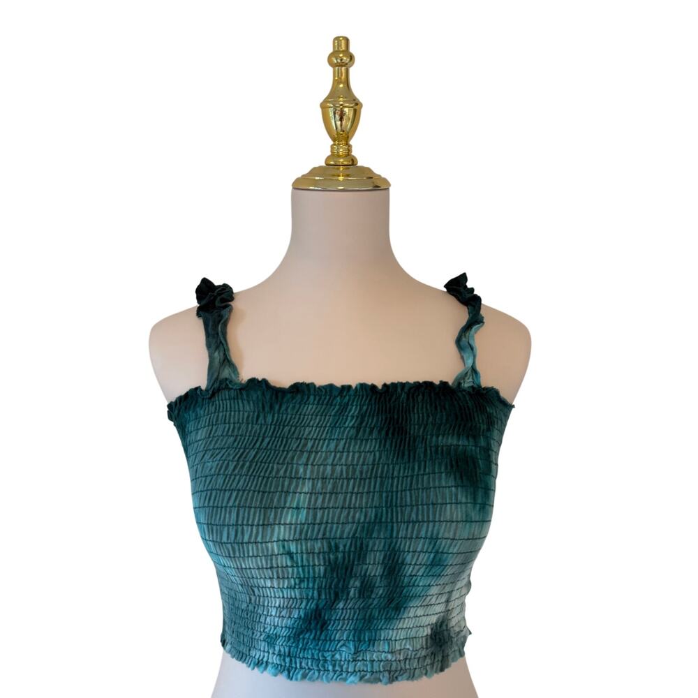 Sky & Sparrow Women's Rayon Teal Tie Dye Smocked Ruffle Strap Crop Tank Top Sz M